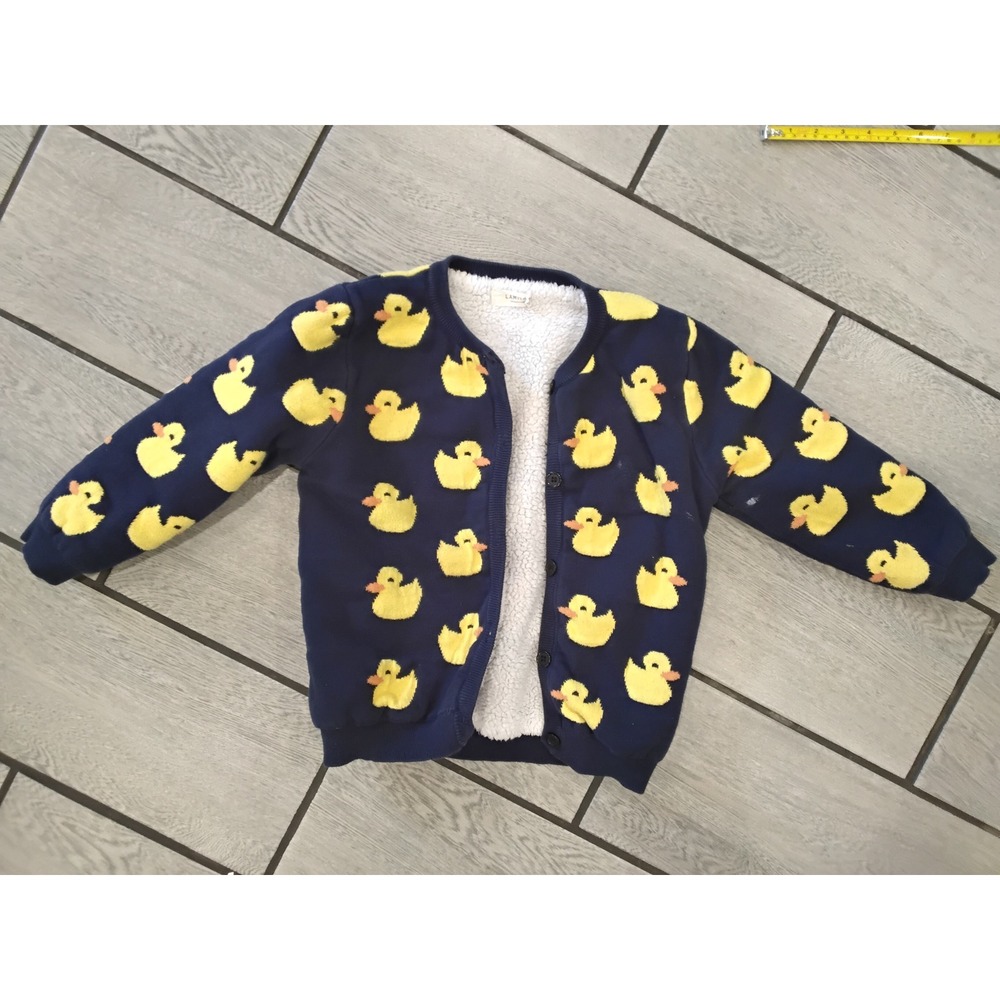 Lamitto Navy Blue Rubber Duck Print‎ Shearling Lined Knit Cardigan Sweater